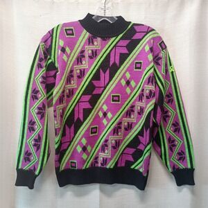 Vtg Demetre Women's L Purple Green Geometric Ski Sweater L‎ Wool Blend USA Made
